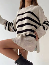 Load image into Gallery viewer, Slit Striped Round Neck Sweater
