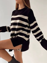 Load image into Gallery viewer, Slit Striped Round Neck Sweater
