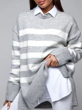 Load image into Gallery viewer, Slit Striped Round Neck Sweater
