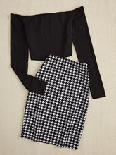 Load image into Gallery viewer, Off-Shoulder Long Sleeve Top and Houndstooth Skirt Set
