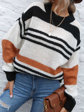 Load image into Gallery viewer, Contrast Striped Round Neck Long Sleeve Sweater
