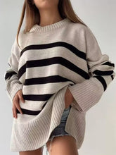 Load image into Gallery viewer, Slit Striped Round Neck Sweater
