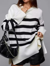 Load image into Gallery viewer, Slit Striped Round Neck Sweater
