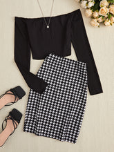 Load image into Gallery viewer, Off-Shoulder Long Sleeve Top and Houndstooth Skirt Set
