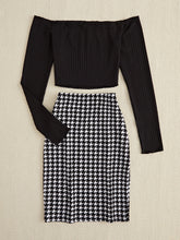 Load image into Gallery viewer, Off-Shoulder Long Sleeve Top and Houndstooth Skirt Set
